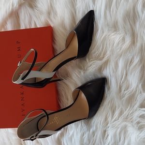 Ivanka Trump Black/Cream Leather Ankle Strap Heels